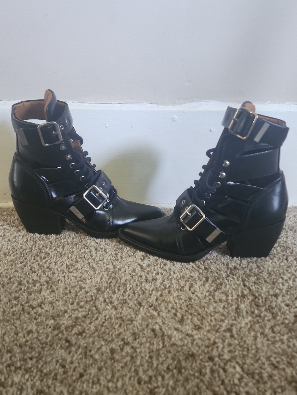 Chloe Rylee Black Buckle Lace-Up Pointed Ankle Boots